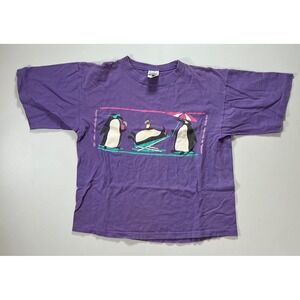 Vintage USA Made 90s Single Stitch T Shirt Granny Purple Penguin Beach Women L